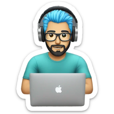 male programer coding in a macBook on a coffee table with headphones, beard, white skin and blue hair  sticker