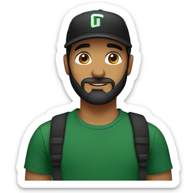 brown man with a dark beard, dark eyes, dark green t-shirt and a BLACK BLACK cap sticker