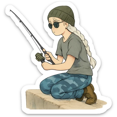 1 female, long white braid, knit cap, dark sunglasses, GRAY T-SHIRT, blue camo pants, KNEELING AND FISHING WITH A TRAVEL FISHING POLE OVER THE LEDGE sticker