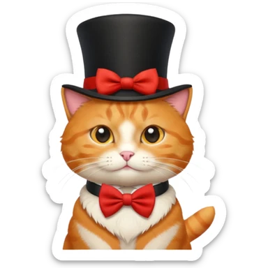 Cute emoji-style orange tabby cat wearing a black top hat with a red band and a red bow tie, big round eyes, fluffy fur, clean mascot style, centered, transparent background, 1:1 ratio. sticker