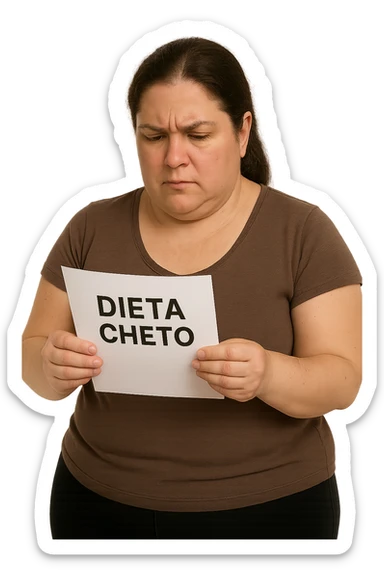 donna realistica leggermente in sovrappeso che legge un foglio con la scritta "dieta Cheto", sfondo bianco, iperrealistica 4k, IPERREALISTICA 4K sticker
