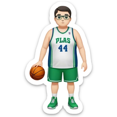 Full Body plus size tall white male with dark short hair basketball player wearing glasses wearing blue  with green uniform sticker