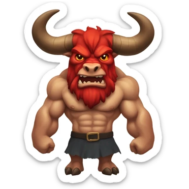  a muscular, demonic-looking bull-like creature, colored red with beard and horns.  sticker