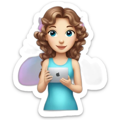  beautiful fairy with pink wings, brown wavy hair, and blue eyes, holding a computer mouse sticker