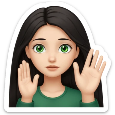 Animated girl dark long hair green eyes emoji holding right side of the head with her hand with duh facial expression , hand on her head sticker