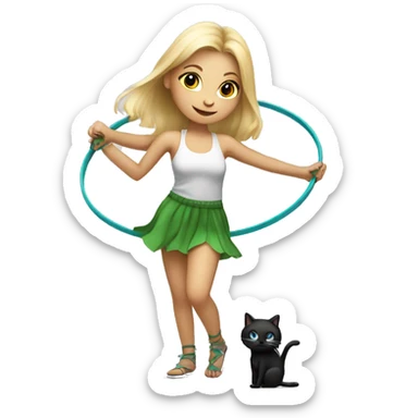 Blonde girl with hula hoop dancing with a small black and white cat sticker