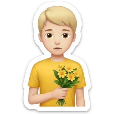 generate an ios genmoji of a 20 year old fair boy with 3 very faint upper lip  hair. should look like he cant grow a mustache., carrying a flower bouquet, wearing a yellow tshirt, looking shy sticker