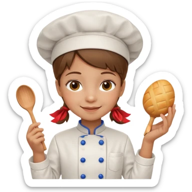 girl kid italian chef, uniform, holding toy sticker