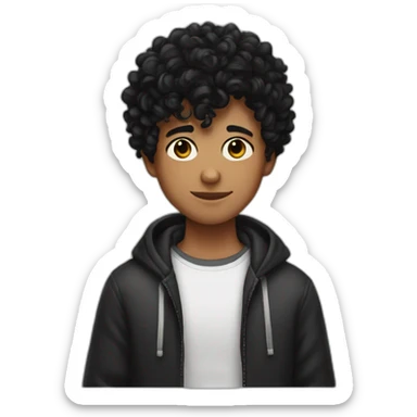 a boy with super short, curly dark hair and a black cat sticker