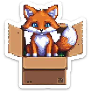 Playful fox sitting in a cardboard box, kids toy aesthetic, pixel art style sticker