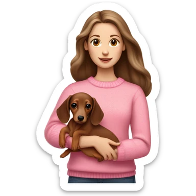 Brunette white girl with long hair in a pink sweater holds a brown and cream dachshund long haired puppy in her arms sticker