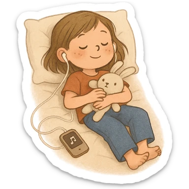Girl lying on bed comfortably listening to music with wired earphones, holding a plush toy, bufo style sticker