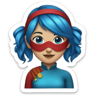 Girl with blue hair , blue eyes , red mask , and red costume , and two pony tails  sticker