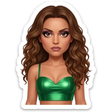 Scary Spice from Spice Girls with brown eyes, long brown curly hair, green metallic sweetheart crop top sticker