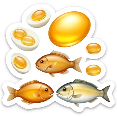 Animal sources of vitamin A: liver, egg yolks, cod liver oil, butter, and fatty fish glowing with a gentle golden aura. These foods emit a soft warm light representing their high content of preformed vitamin A (retinol). sticker