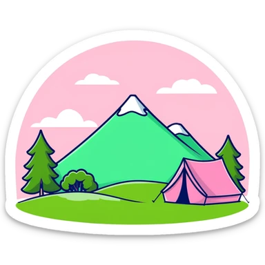 cute pink tent set up in a grassy meadow with trees sticker