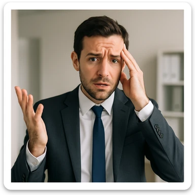 a man hesitating with a decision, looking stressed, business attire, expressive face, subtle office background, suitable for branding sticker