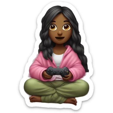 Olive skinned girl with long dark hair wrapped up in a blanket sitting on a couch with a pink gaming controller in her hands sticker