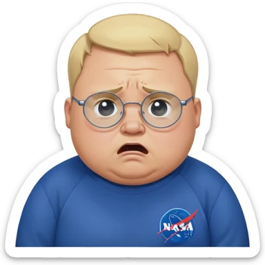 angry chubby man, crying like a kid,  blond short and hight receding hairline, wearing a dark blue sweatshirt, nasa logo on the sweatshirt, round glasses without frame, 40 years old sticker