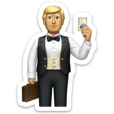 trump waiter Victorian dress elegant full body, holding big credit card sticker