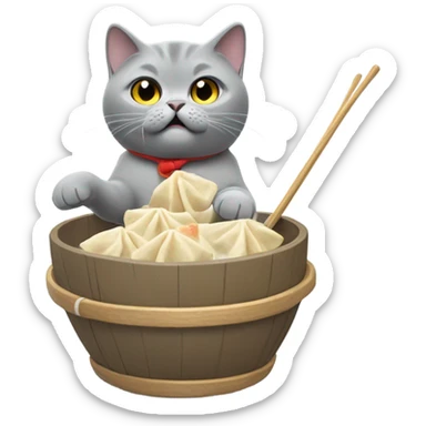 Gray British shorthair cat skiing down a mountain eating dumplings sticker