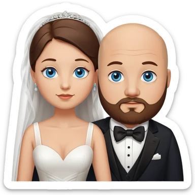blue-eyed overweight bald man with a beard in a tux and brunette brown-eyed bride sticker