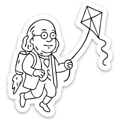 Ben Franklin with jetpack and diamond kite, hand-drawn black outline, minimalist sticker