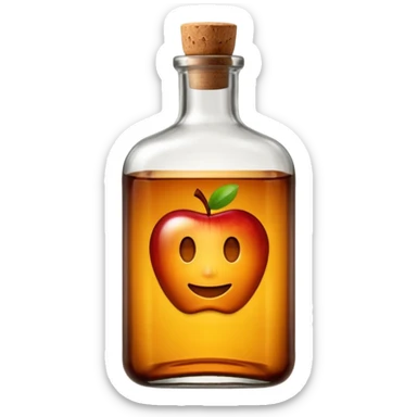 sturdy glass bottle with squared shoulders and a short neck, filled with rich amber-brown liquid, slightly tinted glass showing depth of color inside, capped with a cork or dark metal top, no label, sealed bottle, apple emoji style, soft lighting, subtle shadows, transparent background, emoji scale sticker