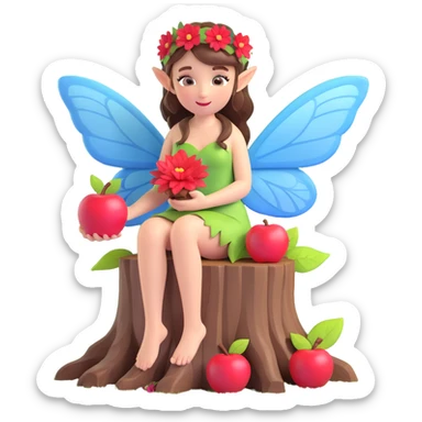 A fairy with wings, sitting on a tree stump in a forest, holding a red apple, with a red flower in her hair, in a 3D iOS style. The scene is illuminated by hanging lanterns and surrounded by lush green foliage. sticker