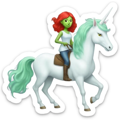 [politically incorrect
	{ woman: alien, color: light green, hair:red, eyes:cat} ]
	on a 
	[{ unicorn: white, legged:four, mane: light blue }] sticker