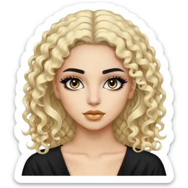 Pale Saudi beauty, pretty makeup baddie, black eyeliner, split dye leftside blonde rightside black curly hair sticker