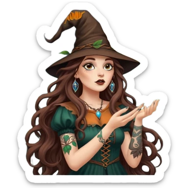 forest witch woman long wavy brown hair tattoos blowing moon dust sticker