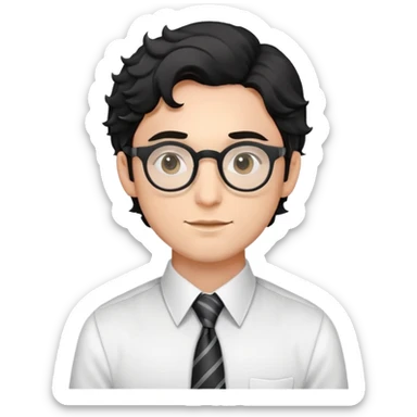 Young man with black wavy hair, round glasses, dressed for theater in smart casual outfit with dress shirt and tie sticker