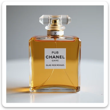realistic Chanel perfume bottle with gold accents, detailed glass, photorealistic style, minimal background sticker