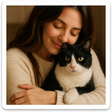 a woman in a cream sweater with long brown hair with highlights hugging a black and white cat, warm and affectionate scene sticker