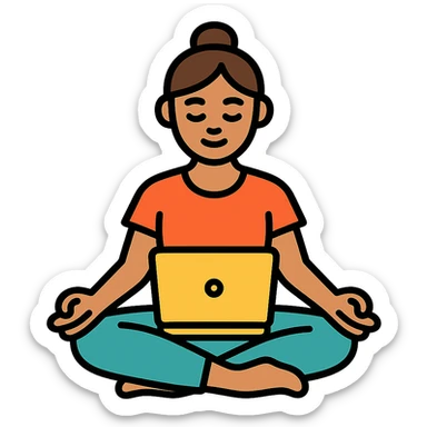 yoga teacher sitting cross-legged with a laptop, colored icon with black outlines sticker