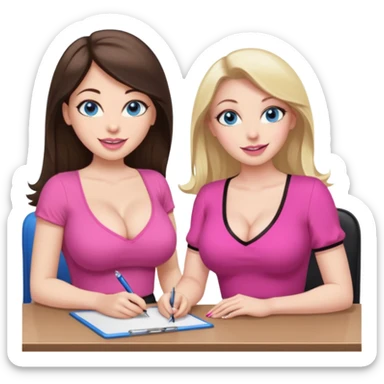 sexy woman brunette, very large breasts, pale skin, blue eyes, long brown hair, tight pink low cut  blouse, big pink lips, short black skirt. at desk next to similar blonde woman.  sticker