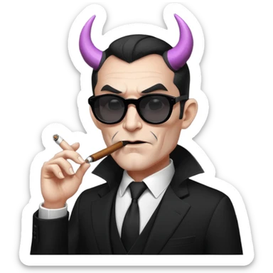 Minimalist emoji-style sticker of a devilish producer in black suit, tiny horns, dark sunglasses, and a smoking cigar, grayscale tones, matte style sticker