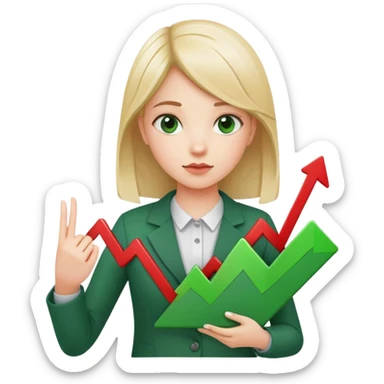 Girl holding chart with rising green graph line in right hand and holding another chart with falling red graph line in left hand sticker