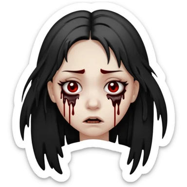 Make me a girl with 2 strands of hair on each side over here face. Under here eyes put black blood dripping. Make make it look like she’s scared sticker