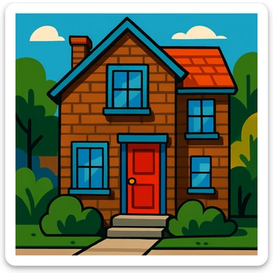a brown brick house with a red door, stylized illustration sticker