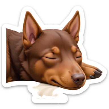 Meme-Worthy Cute Sleeping Brown and Tan Kelpie Portrait Emoji, Head resting peacefully with a contented smile, showcasing a delightfully agile build and a luxuriously soft brown and tan Fur, eyes shut in a serene nap, Simplified yet hilariously adorable features, highly detailed, glowing with a soft, drowsy light, high shine, relaxed and utterly lovable, stylized with an air of playful laziness, bright and heartwarming, soft glowing outline, capturing the essence of a comically sleepy herder, so meme-worthy it feels like it could instantly become the next viral sensation of adorable slumber! sticker