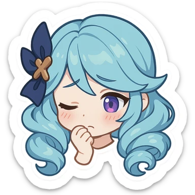 Gwen from League of Legends, chibi emote style, only head visible, right eye purple, shy expression, looking down, cute and expressive sticker