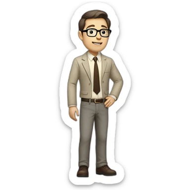 Full height Gesticulating Pale skinned fit man with dark brown hair in gray jacket, beige office shirt, brown tie, brown pants and vintage glasses. sticker
