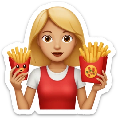 lean female holding fries on one hand and eating pizza on the other hand sticker