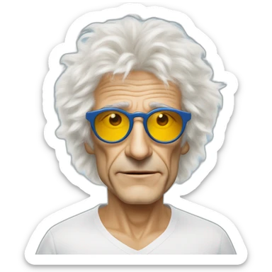 michel polnareff avec des lunettes de soleil blanches, des cheveux longs jaunes et raides, vieux, avec un costume bleu et expression de visage neutre sticker