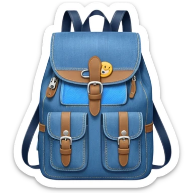 blue denim backpack with a flap top and one small buckle straps attached only on the flap, not connected to the front panel. No front pockets or vertical straps below the flap. Clean and minimal design with two side pockets. 



 sticker