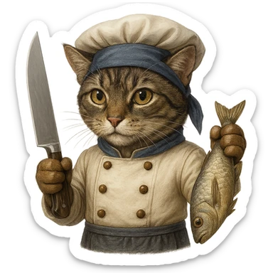 Make the cat chef normal cat colors, but keep the earring gold. The cat is holding a knife and a fish, wearing a bandana, with no background. Maintain the original style and details as much as possible. sticker