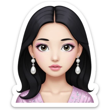 asian long black hair silver grey eyes glossy lips glittery white and light pink eyeshadow girl pearl earrings sticker