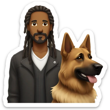 man with dreadlocks, mustache and goatee alongside a brindle colored german shepherd dog sticker